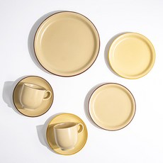 Kanesuzu Claris 圓形咖啡杯 + 雙人早午餐5件組, 象牙白, 黃色, 1套, 5種