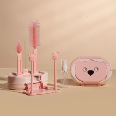 릴리픽 주방 뽀송곰 젖병 식기 건조대 세트 FREE, 분홍색, 젖병거치스틱 2p + 실리콘젖병솔 2p + 세제소분통 + 스텐빨대세척솔 + 보관함