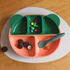 ade.l 孩童矽膠餐盤組, 淺橘色+綠色, 3格餐盤(大)+3格餐盤(小)