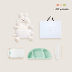 jellymom 新生兒禮盒 護頭防摔背帶枕+矽膠托盤+輔食湯匙+包巾組, 兔子奶油(保護套)、薄荷色(盤子)、奶油米色(湯匙), 1組