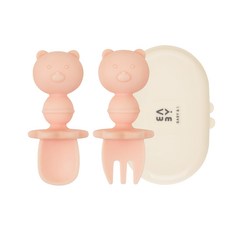 BABY&I 孩童熊熊造型矽膠叉勺組, 珊瑚粉, 1組