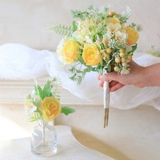 Scent Basket 人造繡球牡丹混合花束 + 胸花套組, 黃色, 1個