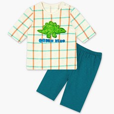 Uni FRIend 孩童手繪風恐龍格紋印花短袖居家服+素色休閒7分褲