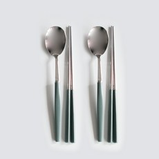 니코트 국내산 깔끔한 스텐 컬러 2인 수저 세트, 올리브그린, 숟가락 2p+ 젓가락 2p, 1세트