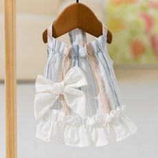 Puppy Dream 狗狗雅琳大蝴蝶結荷葉邊條紋洋裝 10049, 1個, 藍色