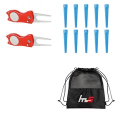 NAYASTYLE 高爾夫果嶺叉修補器 GFYP-39-1 2入 + 塑膠高爾夫長球梯 185-2PU 10入 + 收納袋組合, 混色