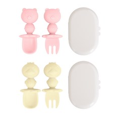 benian 嬰兒矽膠湯匙 2入+叉子 2入+收納盒 2入, 1組, Peach Pink+Custard