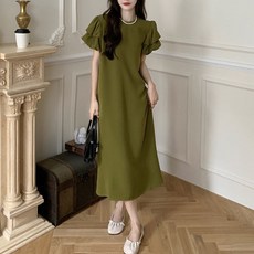 Goodif 泡泡袖後開衩長版連身裙, 橄欖綠