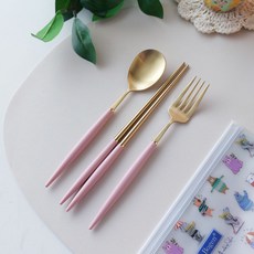 Bogen 高級餐具3件組, 金色 淺粉色(湯匙+筷子+叉子)+餐具袋(隨機出貨)), 湯匙+筷子+叉子+餐具袋