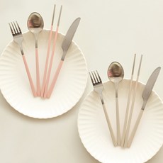 DALPAENGI LIVING 餐具套組 2入, 棕色+粉色, 勺子 2p + 筷子 2p + 刀 2p + 叉子 2p