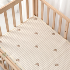 AiRabbit 嬰幼兒用 100支純棉小熊刺繡條紋絎縫雙面床墊, 象牙白, 1個