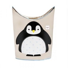 3 sprouts 超大容量動物造型洗衣籃 圓形開口 可折疊不佔空間, 企鵝 米白色, 55 x 27 x 47cm