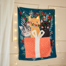 ASPASIA 12 月貓仙聖誕布質海報 + 30 個 LED 星星燈泡 + 木花環套裝, 12月的貓咪精靈, 73 x 95 cm