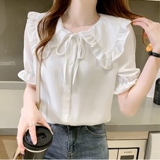 Alode 女款清教徒領荷葉邊短袖襯衫