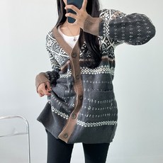 Ooel女款厚實圖案拼色長口袋北歐風開襟衫