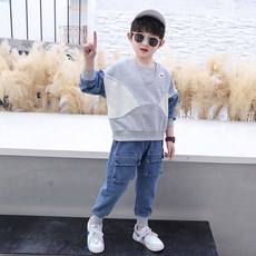 Bbabbayane 男童丹寧束口褲 Tread 大學T 牛仔褲 上下裝套組