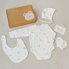 베이비앤아이 유아용 배냇슈트 + 턱받이 + 모자 + 손싸개 선물세트, 02 배미핑크, 1세트