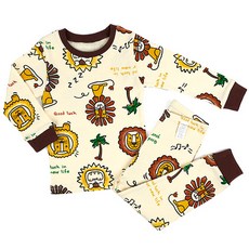 Maykids 童款印花20支彈力棉2件式長袖居家套裝 棕色獅子款