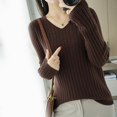 lemon soul 女款素色V領羅紋長袖針織衫