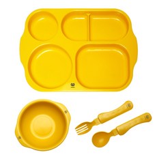 mistic 孩童PLA玉米材質餐盤餐具組, 黃色, 餐盤+碗+湯匙+叉子