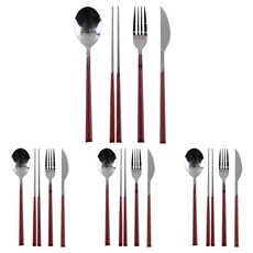 QUIDNOVI 1979 復古4人份西式餐具組, 16個, 湯匙 4個 + 叉子 4個 + 刀 4個 + 筷子 4雙, 桃花心木色