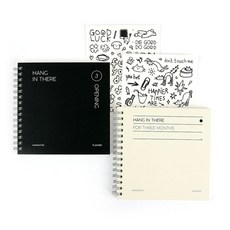 wannathis 亨仁德 正方形每週3個月讀書計畫本 2款 + 貼紙 2款套組, 淺灰色, 黑色(計畫本), 1套