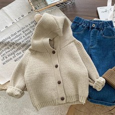 JOYMULTI 兒童奶油色毛球連帽針織開襟衫