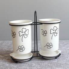 몬드스팟 물빠짐 세라믹 꽃 플라워 수저통 2구 + 받침대 2p + 꽂이 세트 YY57421, 화이트 G, 1세트