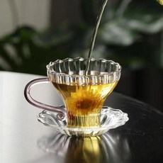 美式之路 五福花瓣玻璃茶杯 + 碟子套裝 RK2323, 1set, 透明
