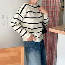 린다샵 여성용 테르사 보트넥 단가라 캐쥬얼 긴팔 니트 티셔츠 cpnt5542k48