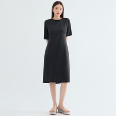 Elsso 日常素色A字短袖長版中長版洋裝 含大尺碼, 黑色