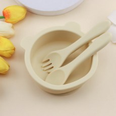 RAONDAM 嬰幼兒小熊矽膠吸盤碗 + 餐具組, 1套, 象牙白, 吸盤碗 + 湯匙 + 叉子