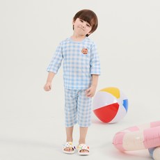 olomimi 兒童透氣藍色格紋有機緹花七分家居服套裝