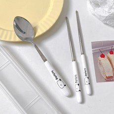 可愛插圖湯匙+筷子+收納盒組, 勺子+筷子+箱子, 1組, 幸運狗