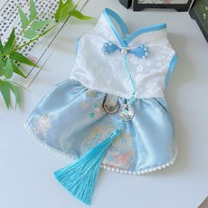 Wavy Days 寵物花朵刺繡珠飾流蘇東方風寵物連身裙, 藍色, 1個