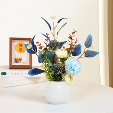 Souplace 人造花 家居插花 花卉 人造花 + 花瓶 套組 S261-0214, 藍色 + 白色(S261-0214BWON), 1套