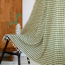 G&Y 基本款格紋圖案流蘇窗簾, 綠色