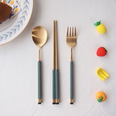 Bogen 孩童雙色金屬湯匙+筷子+叉子, 金色 橄欖綠, 湯匙+筷子+叉子, 1組