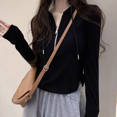 구디프 여성용 반집업 라운드 슬릿 후드 티셔츠 탑 이너