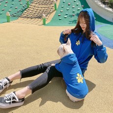 寵物狗親子衣服組-向日葵圖連帽T恤, 藍色