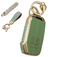 루루형제 기아 호환 자동차 프리미엄 TPU 키 케이스 + 번호키링 + 가죽 스트랩, 올리브그린, AK-08