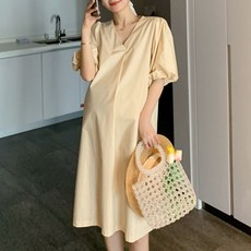 孕婦V領泡泡袖連身裙