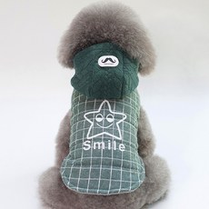 星星星 微笑 鬍子 格紋 連帽 狗狗 外套, 綠色