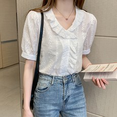 POPLAR NC 女款荷葉邊領刺繡短袖襯衫