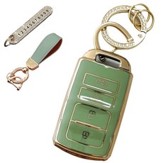 LULU兄弟 Kia相容汽車 高級TPU鑰匙殼 + 號碼鑰匙圈 + 皮革掛繩, 橄欖綠, AK-09