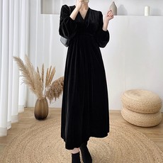 데이먼 프렌치 V넥 골드 벨벳 임산부 롱 원피스