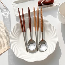 木紋握柄不鏽鋼湯筷2入組, 黃色, 棕色, 湯匙2p + 筷子2雙, 1個