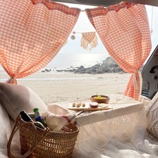 Forhome 手工 Sunday 格紋車宿窗簾 2p + 繩子 + 收納袋組合, 蜜桃葡萄柚, 1套