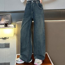 EYOUMONG 直筒版型丹寧愛心刺繡水洗鬆緊帶長褲 E6S292