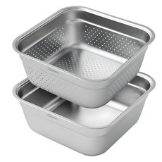 Sisem 不鏽鋼方形調理盆 + 瀝水籃組 27cm, 1組, 方碗27cm+托盤27cm